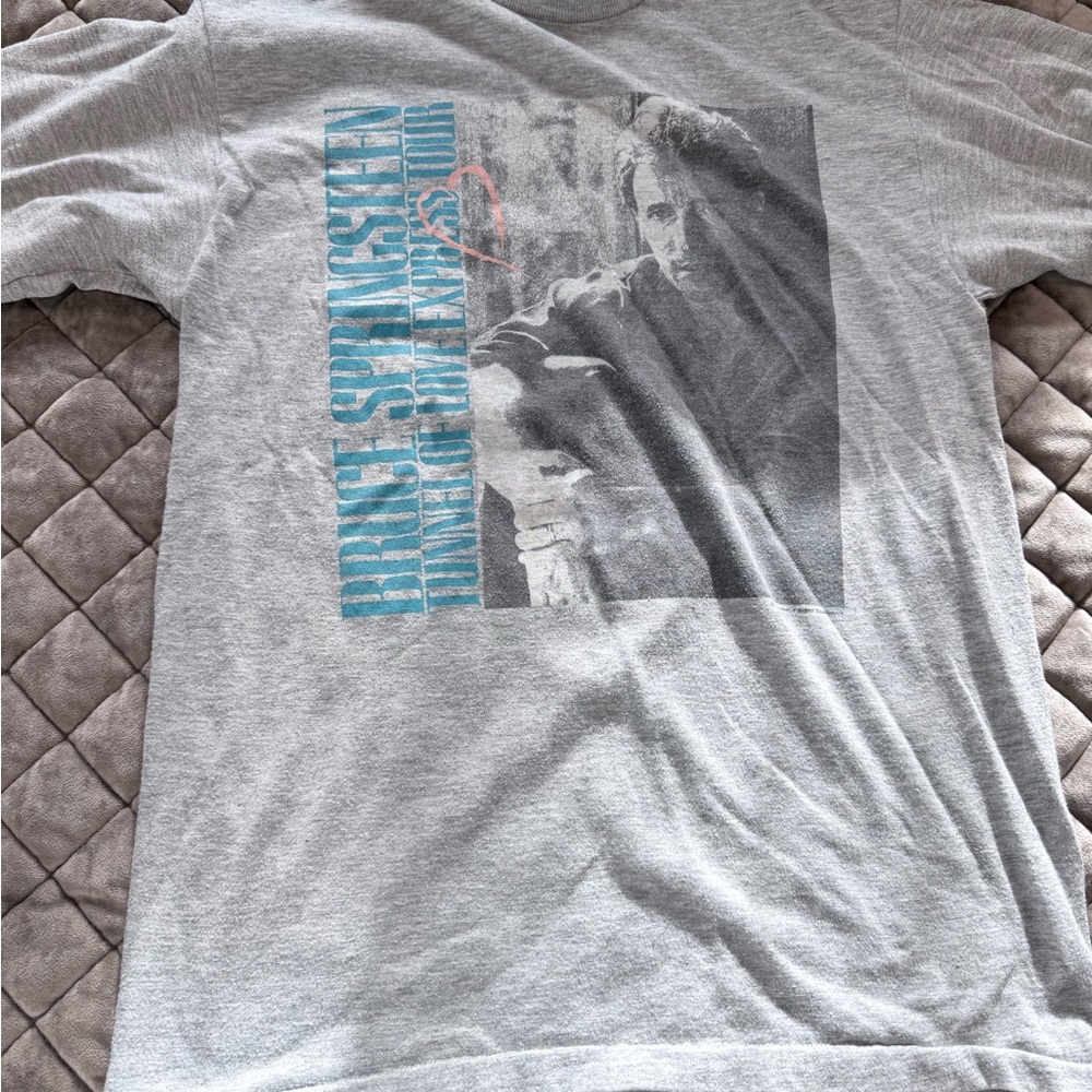Vintage Bruce SpringsteenGray Graphic Men’s T-Shirt - Light Gray with Blue Print